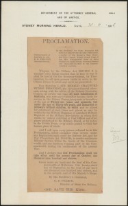 [Fig. 5] Proclamation, as printed in Sydney Morning Herald, 30 September 1916. From NRS 333 [3/3063.1 Proclamation]. 