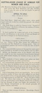 Australasian League of Honour for women and girls. From AK698 Vol. IX No. 8 August 1915, p.210